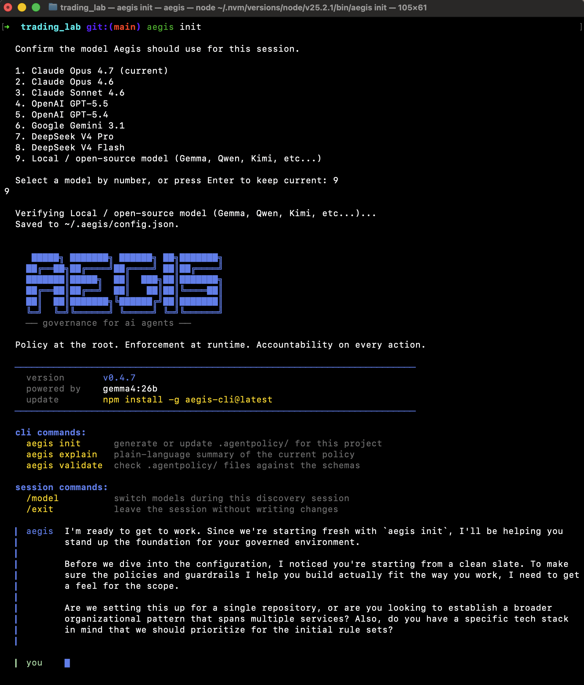 Aegis init showing nine model options including local open-source models, with the user selecting option 9 and gemma4:26b conducting the discovery conversation